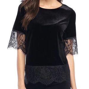THE LIMITED Women's Black Stretch Velvet Lace Trim 3/4 Sleeve Top L